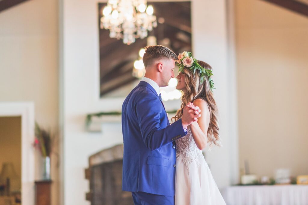Couple sharing a moment during their first dance at the reception. — wedding day timeline
