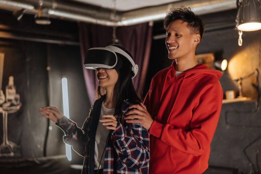 Couples enjoying a virtual reality experience during their wedding celebration. — Las Vegas wedding trends 2026