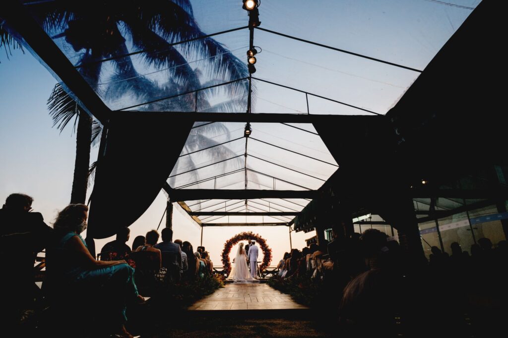 A beautiful outdoor wedding venue in Las Vegas with decorations and guests. — Las Vegas wedding packages