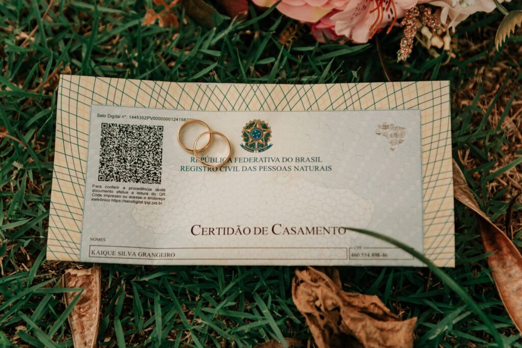 A close-up photo of a completed Las Vegas marriage license with decorative wedding elements.