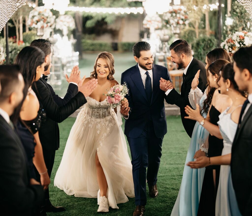 A couple looking at their wedding venue with seasonal decorations for 2026. — best time to get married Las Vegas