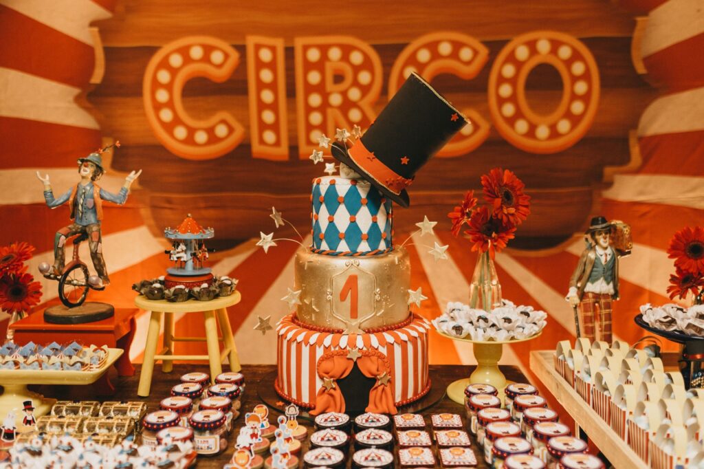 A fun circus-themed wedding reception with colorful decorations and playful elements. — unique wedding themes Las Vegas