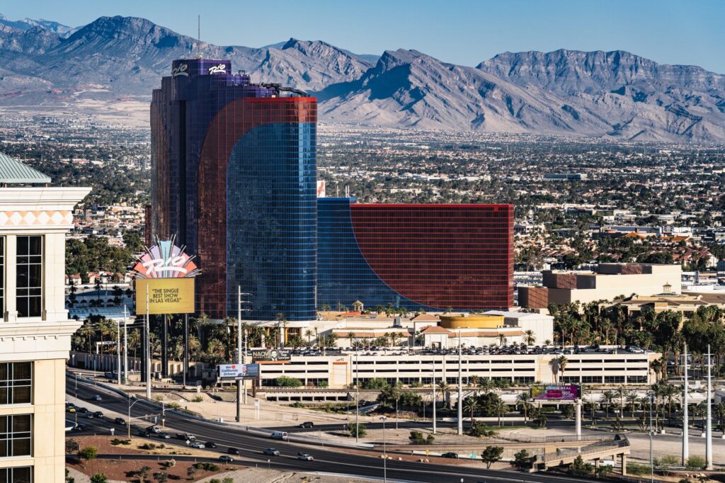 A panoramic view of a Las Vegas wedding venue with the Strip in the background. — Las Vegas wedding culture