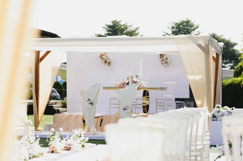 A scenic shot of a spring wedding setup with flowers and decorations. — best time to get married in Las Vegas