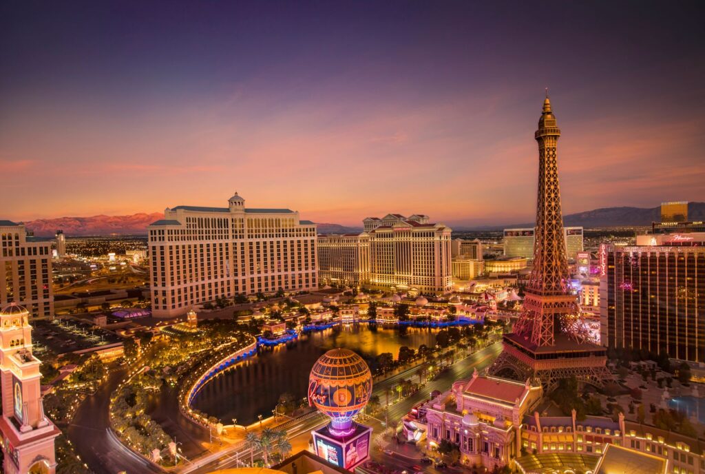 A scenic view of Las Vegas Strip at sunset, perfect for wedding photos. — best time to get married Las Vegas