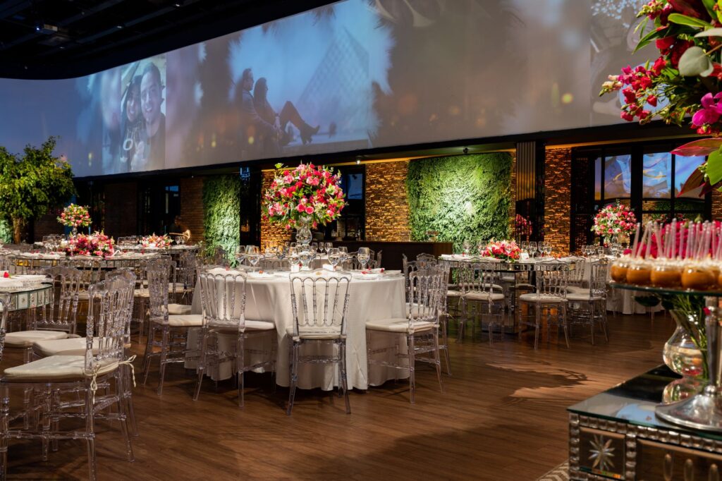 A stunning Las Vegas wedding venue setup with flowers and lights for a romantic atmosphere. — Las Vegas wedding concierge