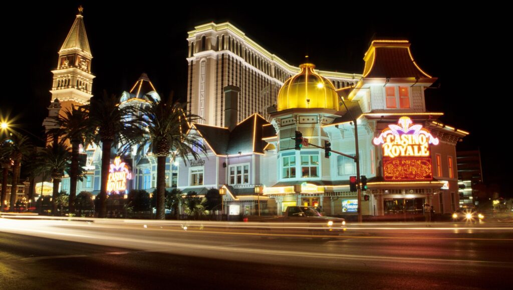 A stunning view of a Las Vegas wedding chapel with bright lights. — Las Vegas elopement