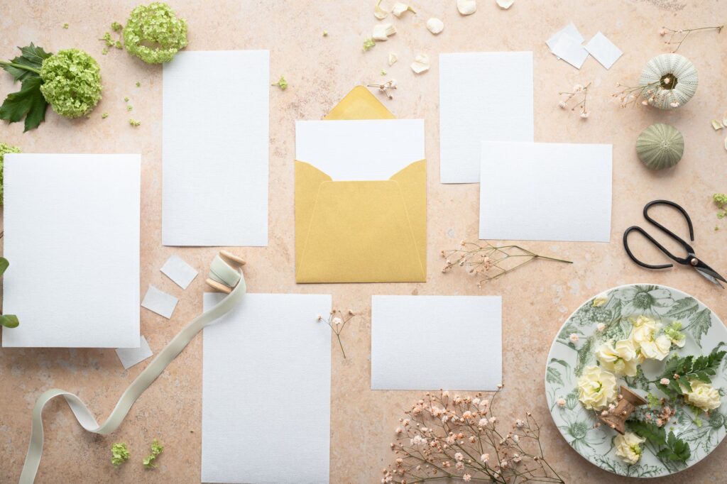A wedding invitation suite showcased on a decorated table with themed decor elements. — DIY wedding decor Las Vegas