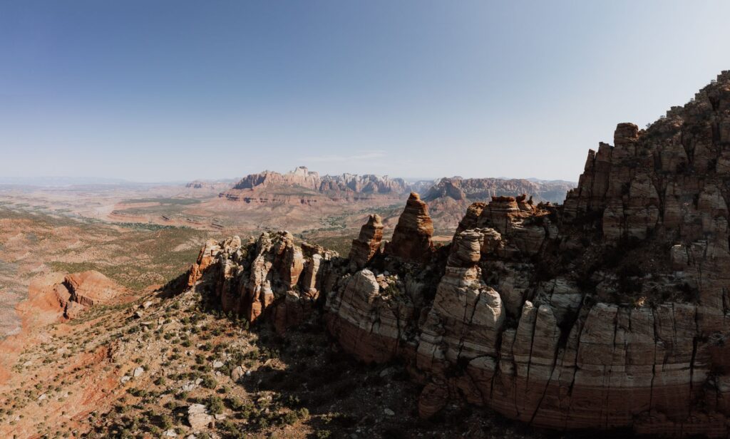 An aerial view of Red Rock Canyon showcasing stunning red rock formations and desert landscapes. — romantic elopement lo…