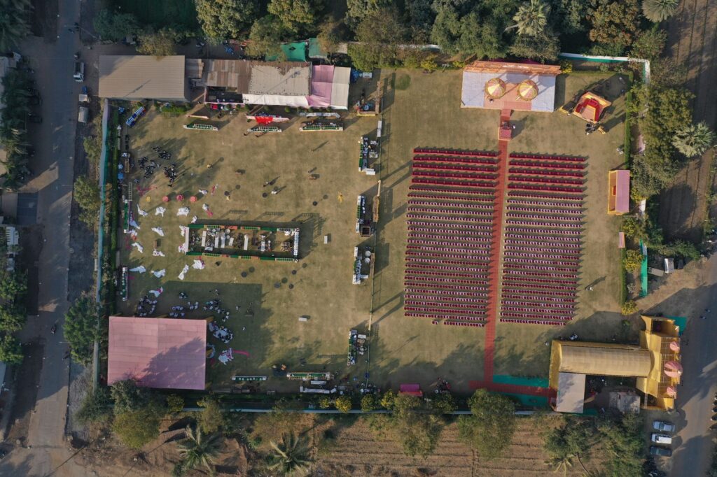 An aerial view of a picturesque outdoor wedding venue surrounded by nature. — outdoor wedding venues Las Vegas