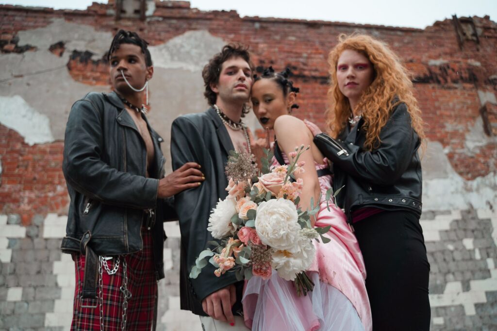 An edgy glam rock wedding with leather accents and bold colors. — Las Vegas wedding themes 2026