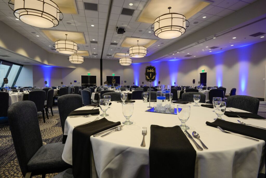 An elegant ballroom inside a Las Vegas hotel, beautifully decorated for a wedding. — Las Vegas wedding venue choices