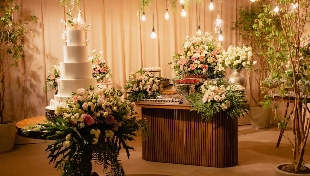 An elegant reception setup with soft lighting and floral arrangements. — Las Vegas wedding photography