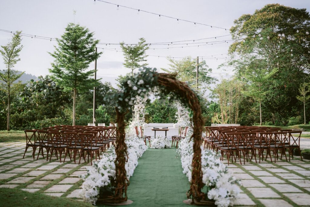 An enchanting garden wedding setup featuring floral arrangements and twinkling lights. — Las Vegas wedding themes