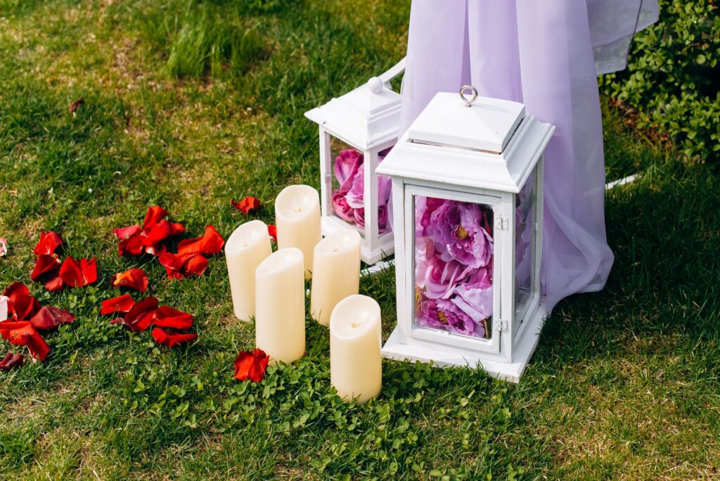 An inviting outdoor wedding space decorated with DIY lanterns and floral arrangements. — DIY wedding decor Las Vegas
