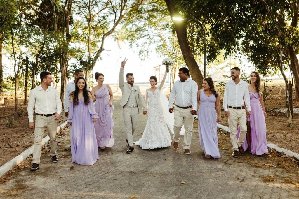 Bridal party wearing light, breathable attire suitable for hot weather. — summer wedding Las Vegas