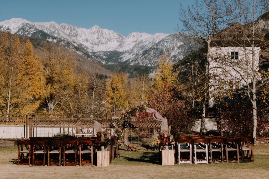 Colorful autumn leaves framing a Las Vegas wedding venue. — best time to get married Las Vegas