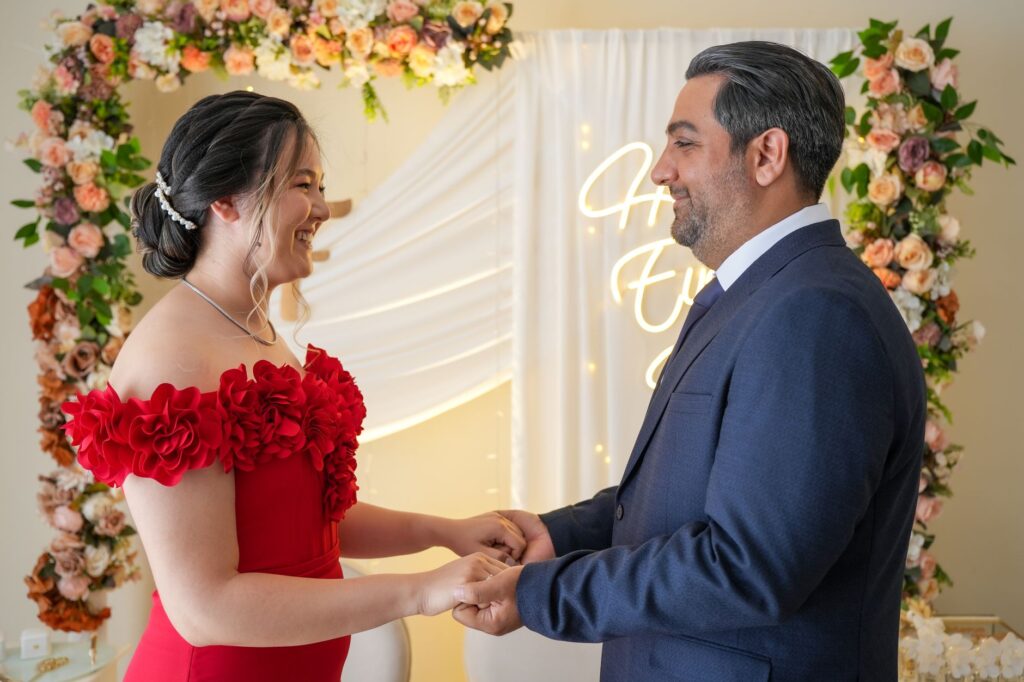 Couples exchanging vows at a Las Vegas chapel during a winter wedding. — best time to get married Las Vegas