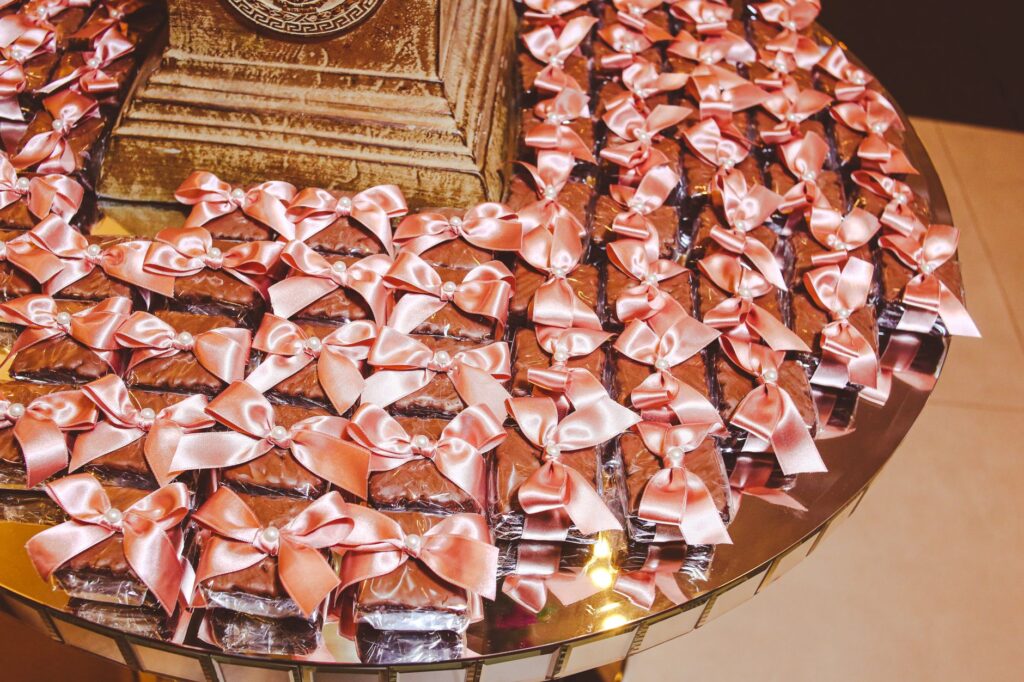 Personalized wedding favors displayed at a Las Vegas wedding reception. — Las Vegas wedding trends 2026
