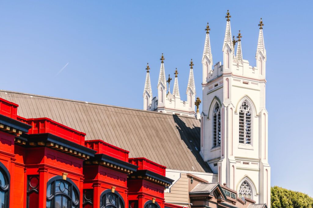 The charming facade of The Little Church of the West decorated for a wedding. — unique Las Vegas wedding venues