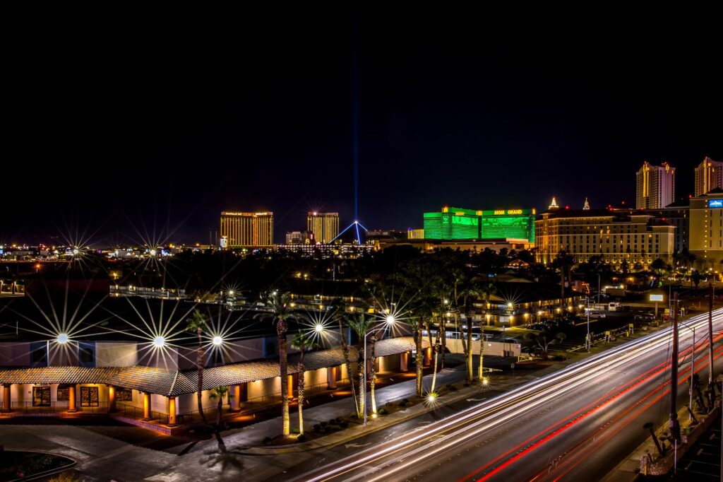 A beautiful outdoor wedding setup in Las Vegas with the Strip in the background. — destination wedding Las Vegas planning