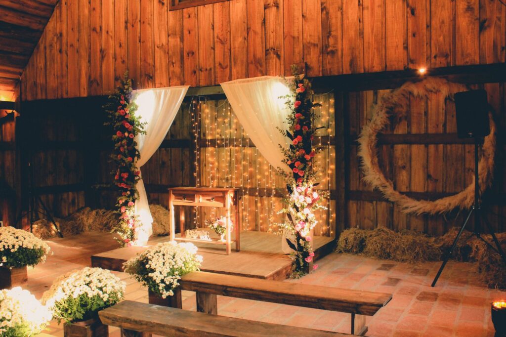 A beautifully decorated Las Vegas wedding chapel with flowers and lights — stress-free Las Vegas wedding planning