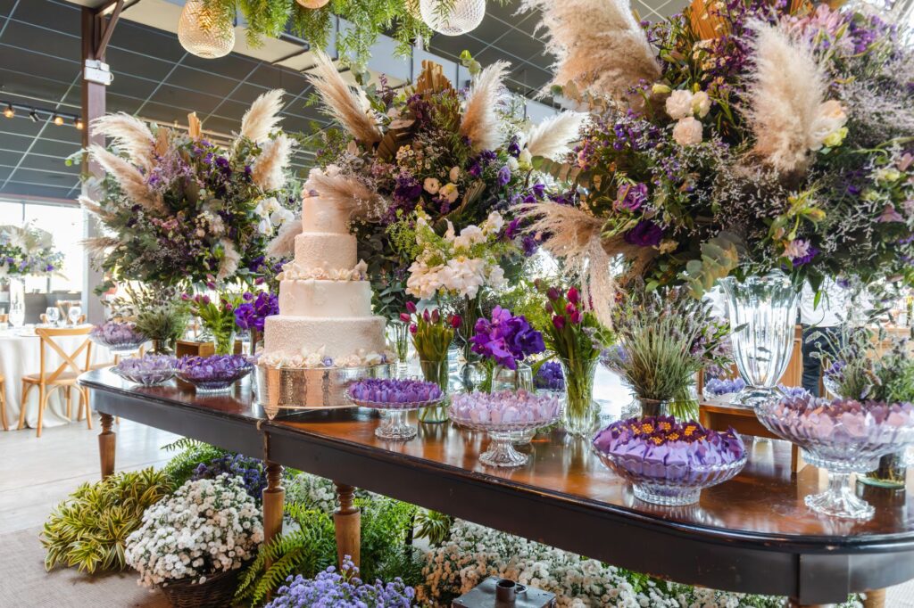 A stunning wedding cake displayed at an affordable wedding venue — Las Vegas wedding budgeting tips
