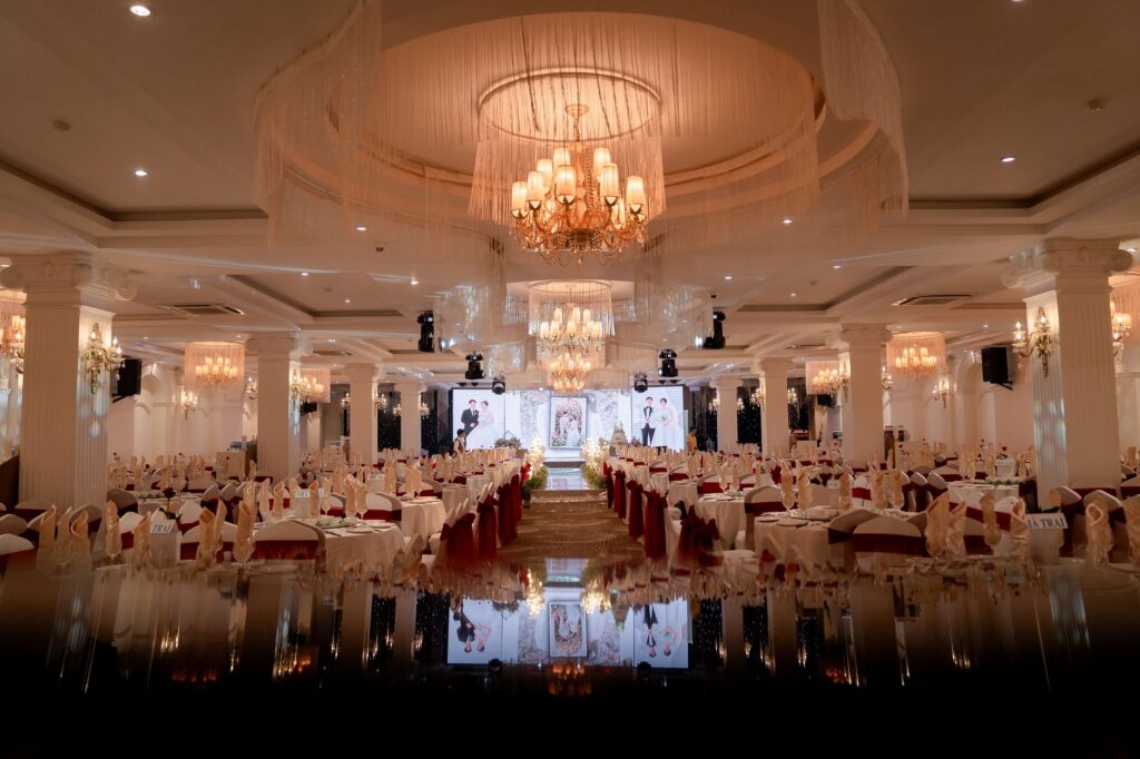 An elegant ballroom set for a luxury wedding reception. — Las Vegas wedding packages