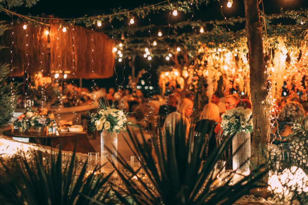 An intimate garden wedding scene with flowers and soft lights. — affordable wedding packages Las Vegas