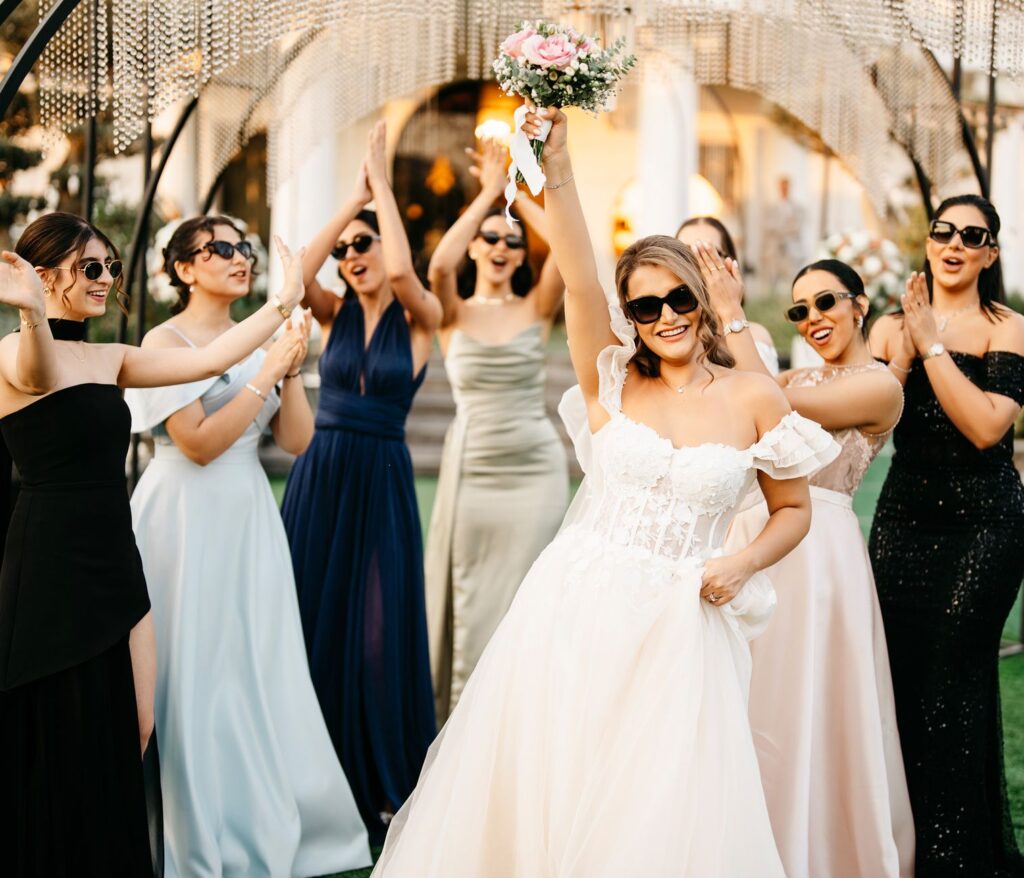 Bridal party in colorful, trendsetting outfits that reflect 2026 fashion styles. — Las Vegas wedding trends 2026